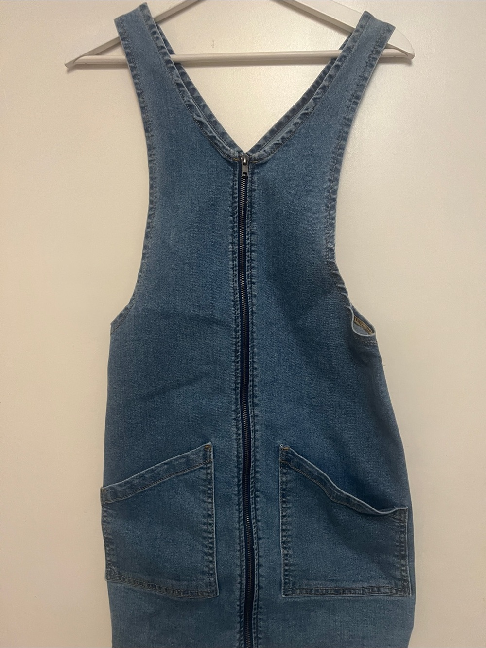 SO Blue Denim Mini Pinafore Dress with Front Zip